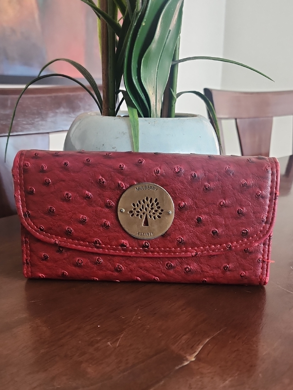 Mulberry Red Ostrich Embossed Leather Wallet Gold Tree Medallion Flap